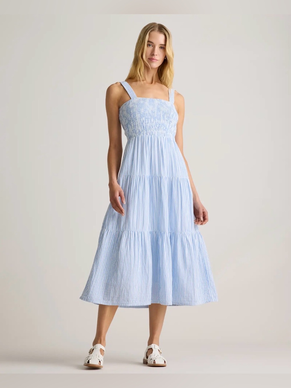 Quince Organic Cotton Light Bayside Blue White Striped Smocked Midi Dress XS 2 4
